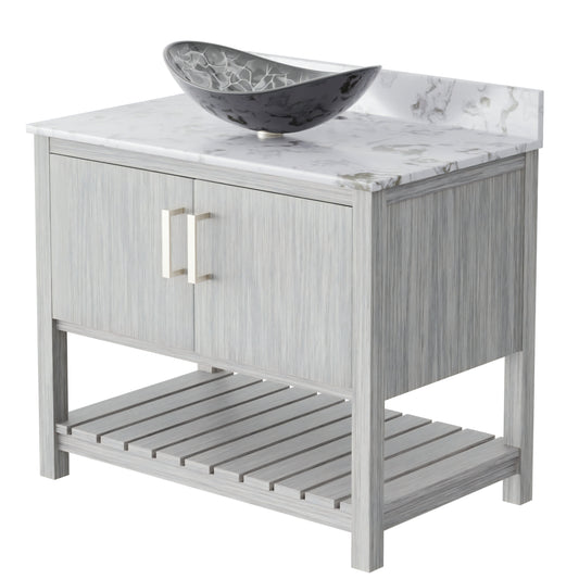 36-inch Novatto bath vanity with cafe mocha quartz countertop and sink, showcasing modern bathroom accessory design.
