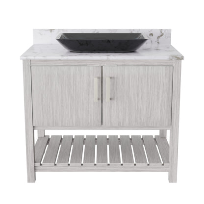 36-inch Novatto bath vanity with cafe mocha quartz countertop and sink, showcasing its elegant, modern bathroom accessory design.