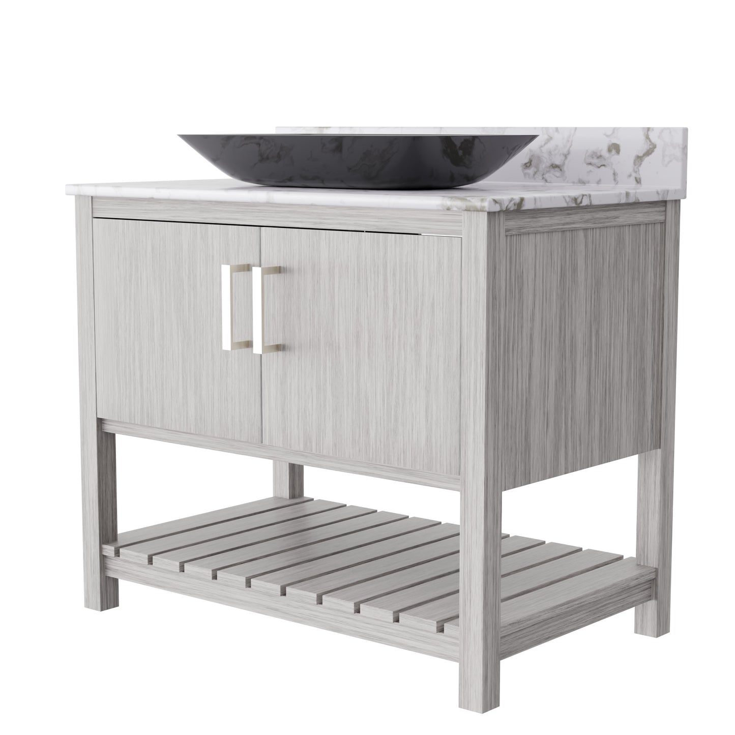 36-inch Novatto bath vanity with cafe mocha quartz countertop and sink, showcasing sleek design and modern bathroom style.