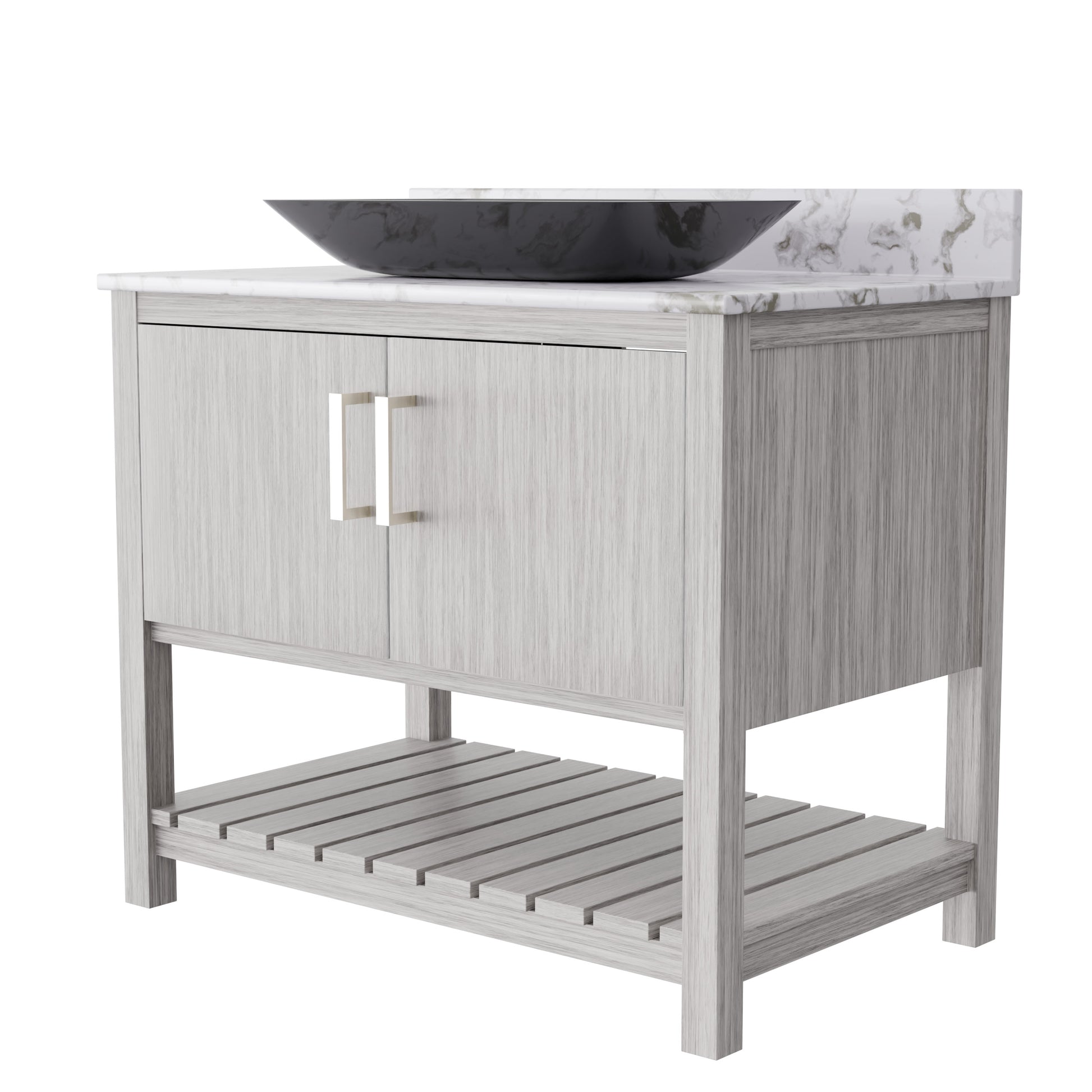36-inch Novatto bath vanity with cafe mocha quartz countertop and sink, showcasing sleek design and modern bathroom style.