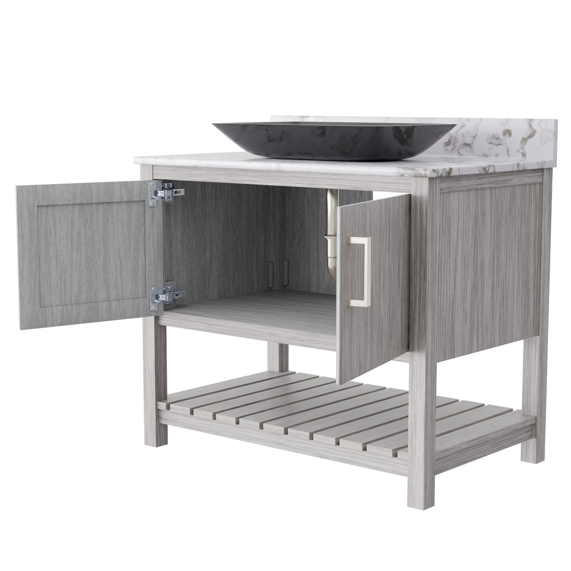 Novatto 36-inch bath vanity with cafe mocha quartz countertop and integrated sink, modern bathroom accessory design