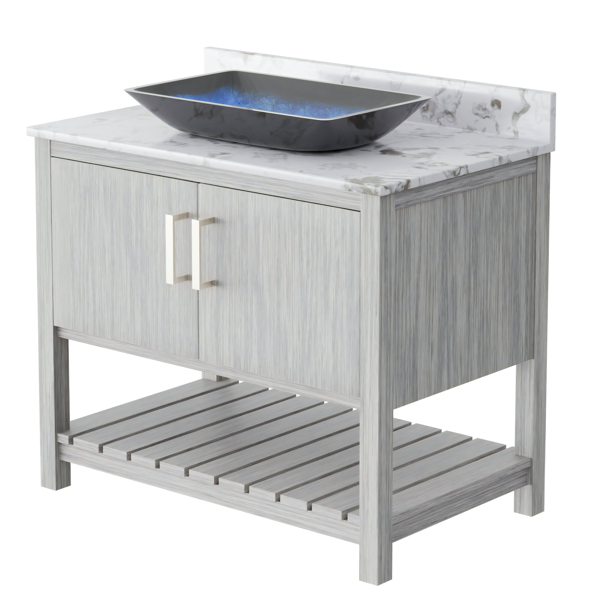36-inch Novatto bath vanity with cafe mocha quartz countertop and sink, showcasing a sleek, modern bathroom accessory.