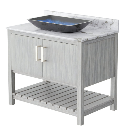 36-inch Novatto bath vanity with cafe mocha quartz countertop and sink, showcasing a sleek, modern bathroom accessory.