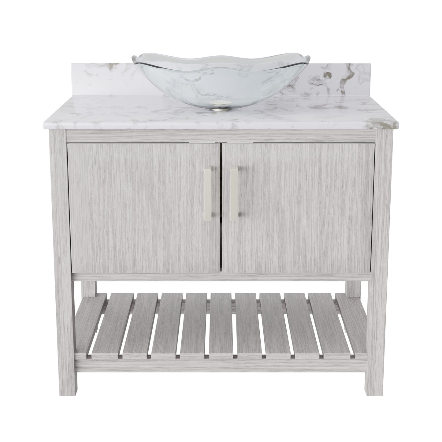 36-inch Novatto bath vanity with cafe mocha quartz countertop and sink, featuring sleek, modern bathroom accessory design