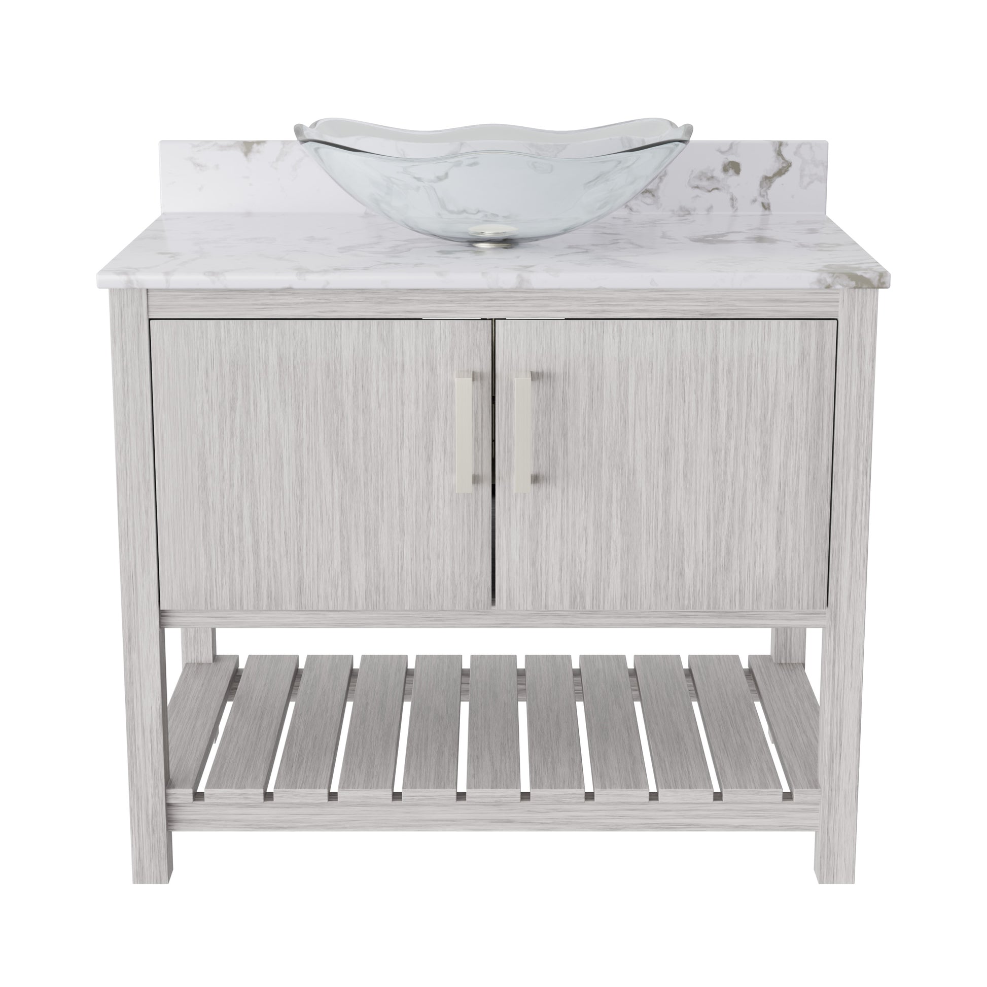 36-inch Novatto bath vanity with cafe mocha quartz countertop and sink, featuring sleek, modern bathroom accessory design