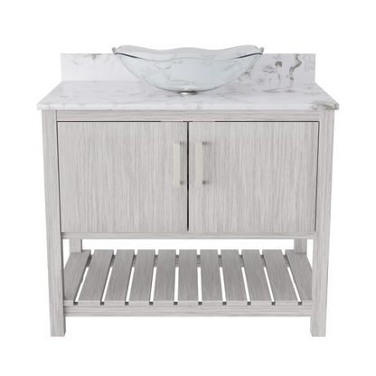 36-inch Novatto bath vanity with cafe mocha quartz countertop and sink, featuring sleek, modern bathroom accessory design