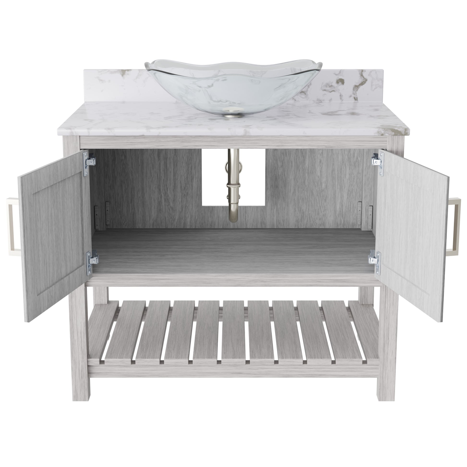 36-inch Novatto bath vanity with cafe mocha quartz countertop and sink, showcasing sleek design and durable surface.
