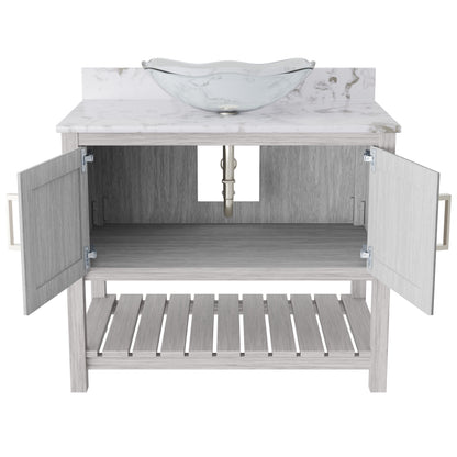 36-inch Novatto bath vanity with cafe mocha quartz countertop and sink, showcasing sleek design and durable surface.