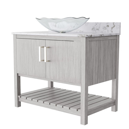 36-inch Novatto bath vanity with cafe mocha quartz countertop and sink, showcasing sleek bathroom accessory design.