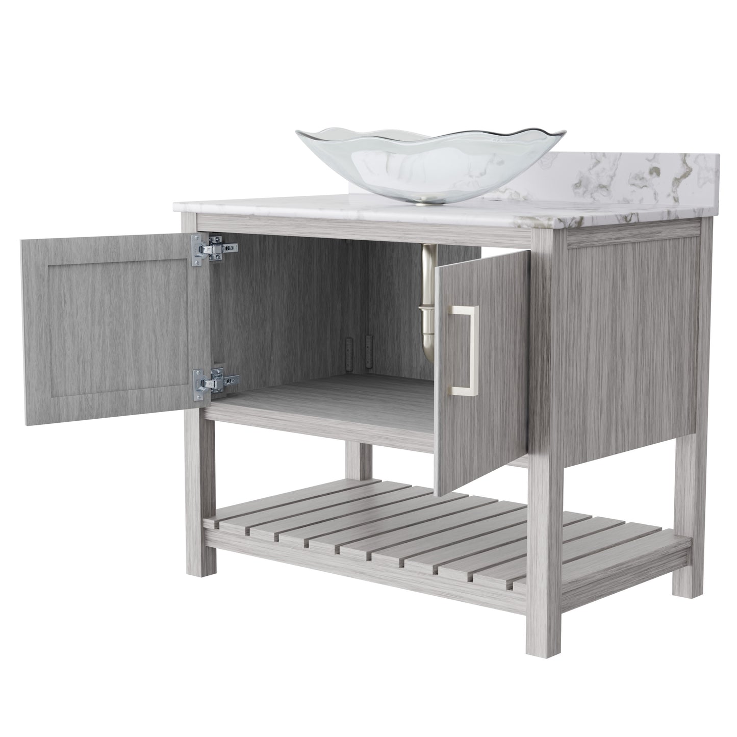 36-inch Novatto bath vanity with Cafe Mocha quartz countertop and sink, featuring modern bathroom accessory design.