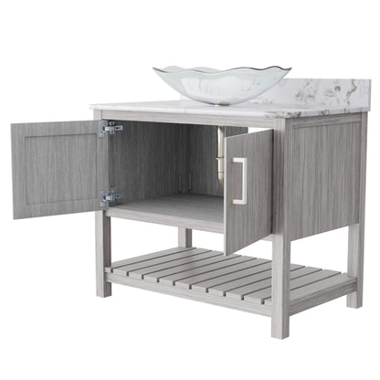 36-inch Novatto bath vanity with Cafe Mocha quartz countertop and sink, featuring modern bathroom accessory design.