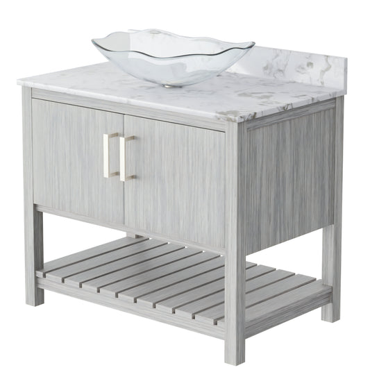 36-inch Novatto bath vanity with cafe mocha quartz counter and sink, showcasing elegant bathroom accessory design.
