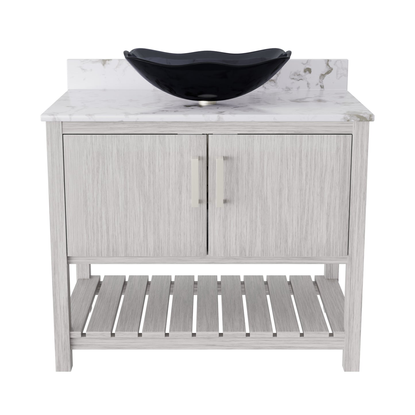 36-inch Novatto bath vanity with cafe mocha quartz counter and integrated sink, modern bathroom accessory.