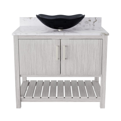 36-inch Novatto bath vanity with cafe mocha quartz counter and integrated sink, modern bathroom accessory.