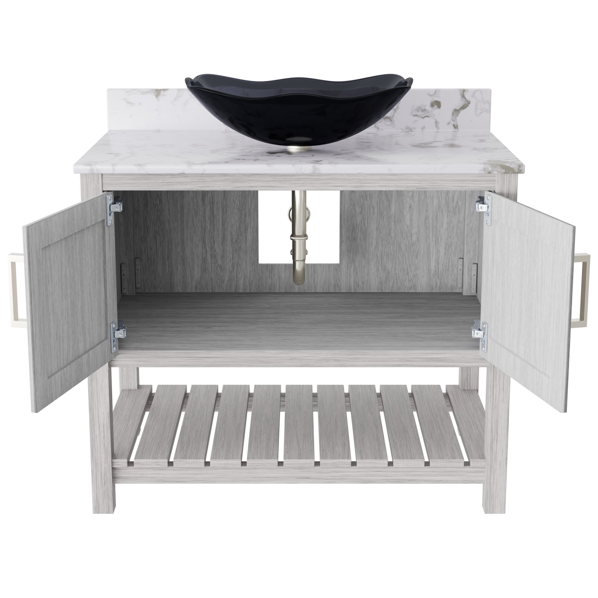 36-inch Novatto bath vanity with cafe mocha quartz countertop and integrated sink, showcasing modern bathroom accessory design.