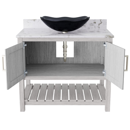 36-inch Novatto bath vanity with cafe mocha quartz countertop and integrated sink, showcasing modern bathroom accessory design.