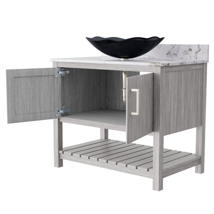 36-inch Novatto bath vanity with cafe mocha quartz countertop and sink, showcasing sleek bathroom accessory design.