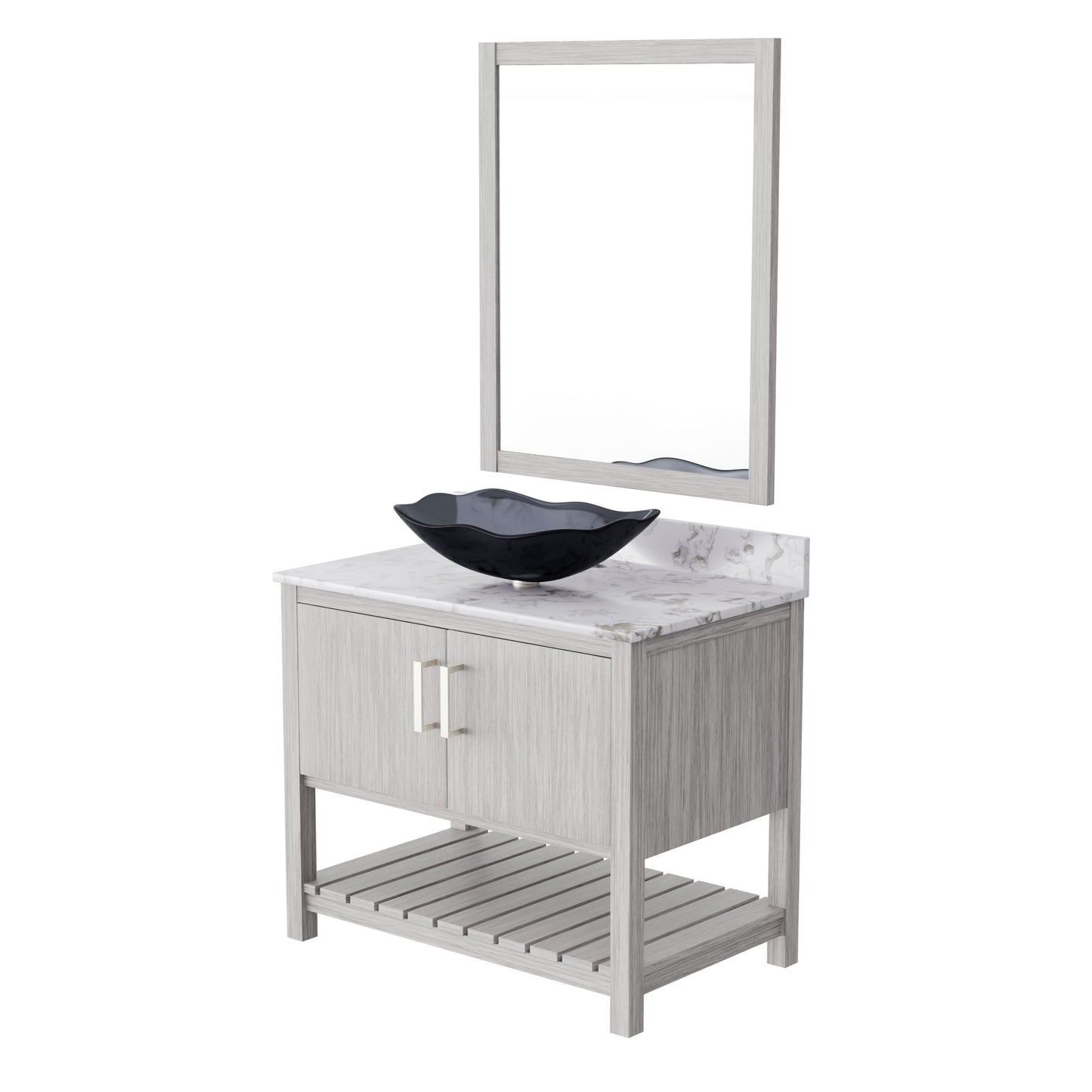 36-inch Novatto bath vanity with cafe mocha quartz counter and sink, showcasing elegant bathroom accessory design.