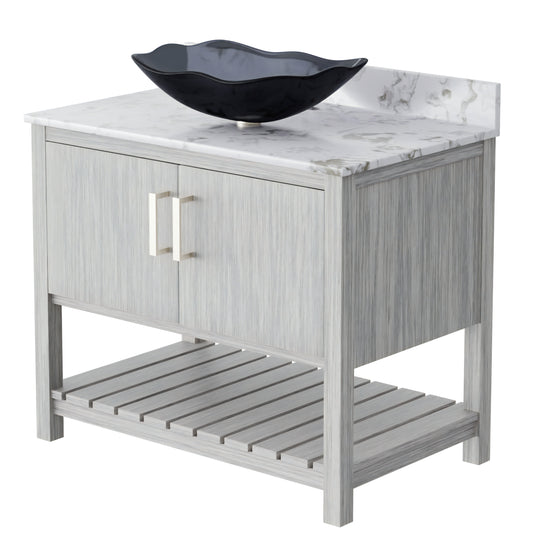 Novatto 36-inch bath vanity with cafe mocha quartz countertop and sink, showcasing a modern bathroom accessory.