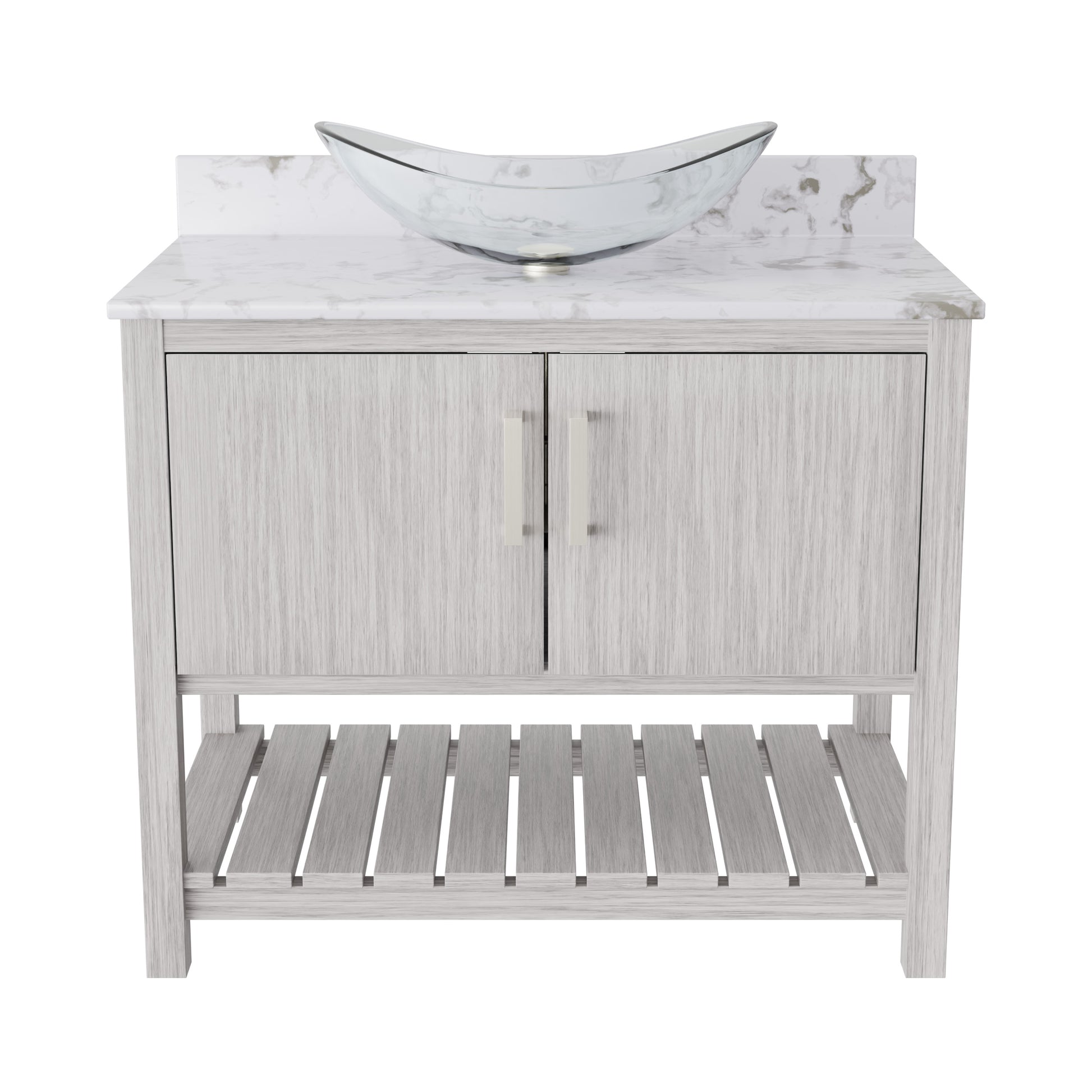 Novatto 36-inch bath vanity with cafe mocha quartz countertop and integrated sink, modern bathroom accessory.