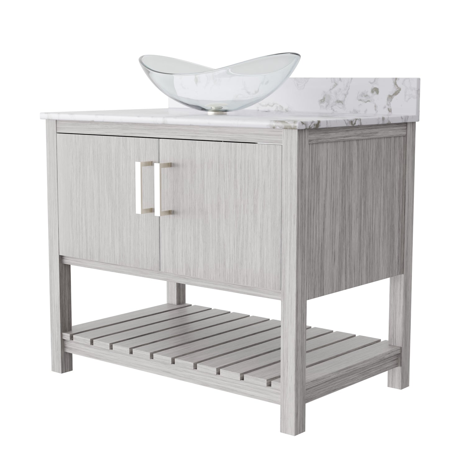 36-inch Novatto bath vanity with cafe mocha quartz countertop and sink, showcasing sleek bathroom accessory design.