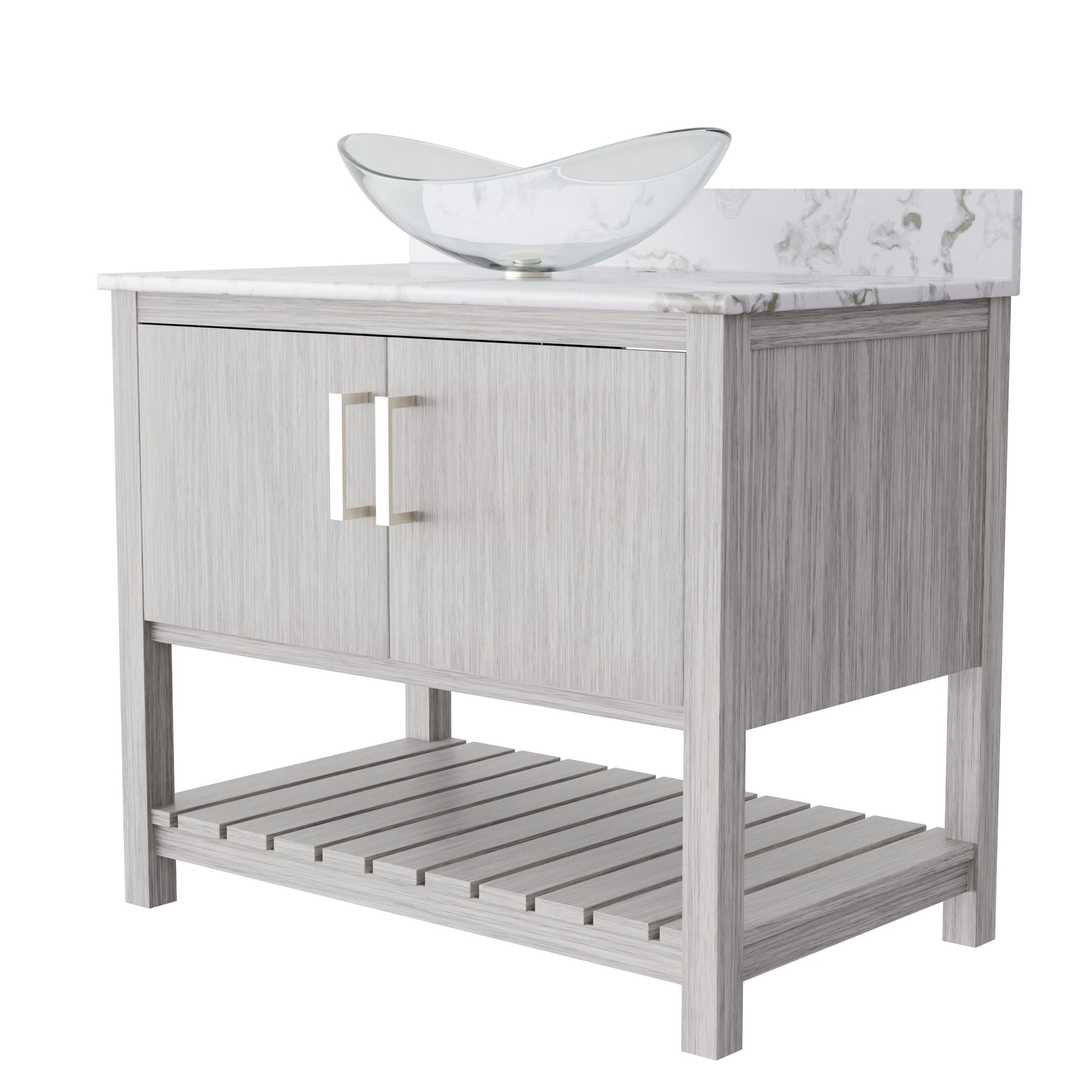 36-inch Novatto bath vanity with cafe mocha quartz countertop and sink, showcasing sleek bathroom accessory design.