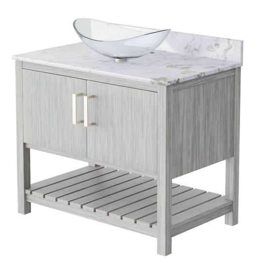 36-inch Novatto bath vanity with cafe mocha quartz countertop and sink, featuring a modern bathroom accessory design.