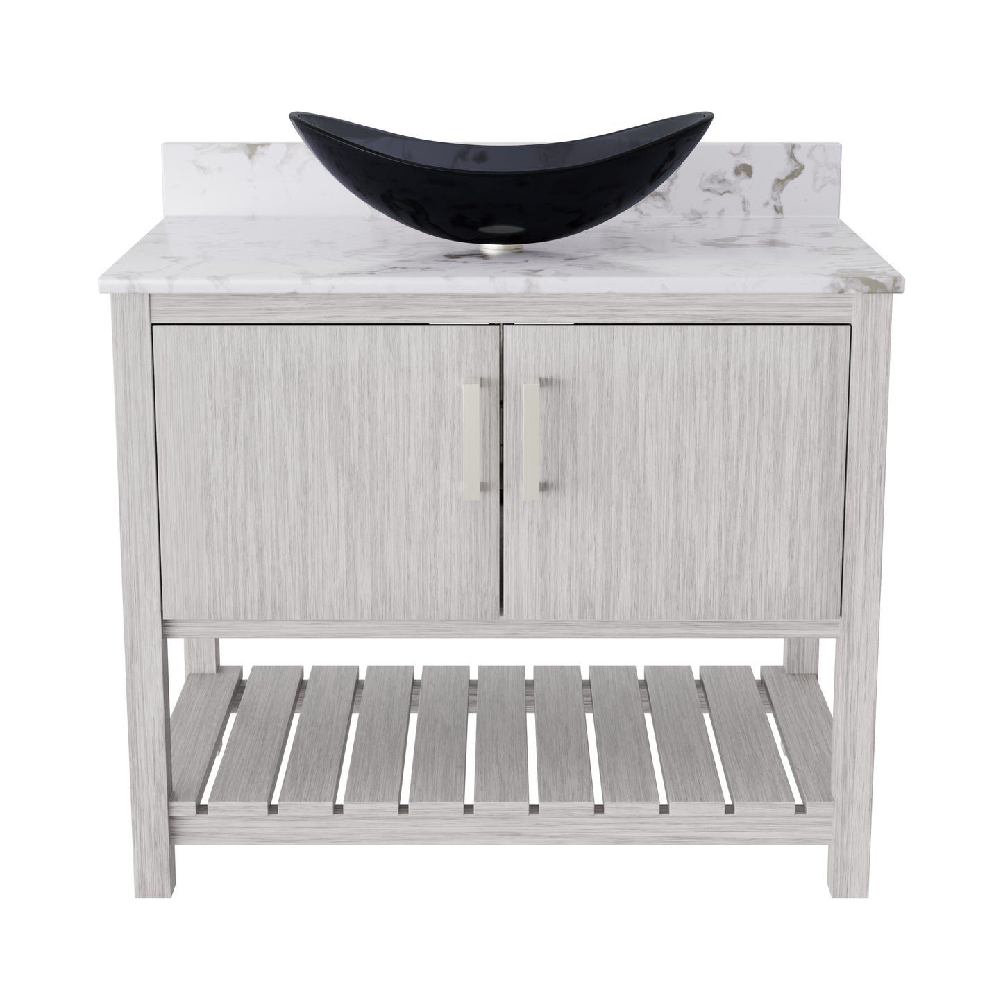 36-inch Novatto bath vanity with cafe mocha quartz countertop and sink, showcasing modern bathroom accessory design.