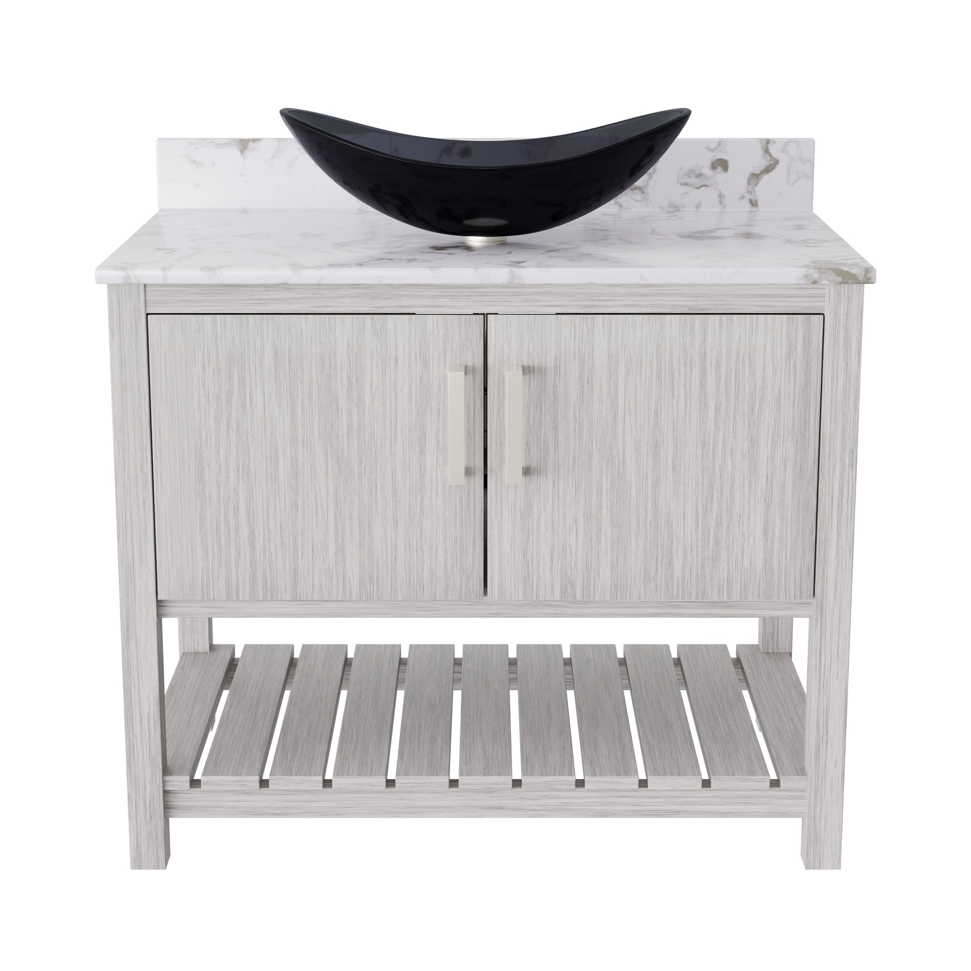 36-inch Novatto bath vanity with cafe mocha quartz countertop and sink, showcasing modern bathroom accessory design.