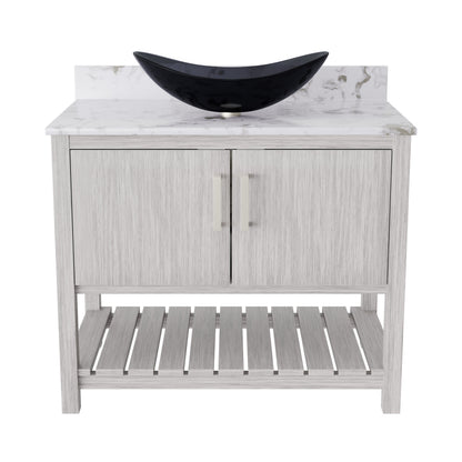 36-inch Novatto bath vanity with cafe mocha quartz countertop and sink, showcasing modern bathroom accessory design.