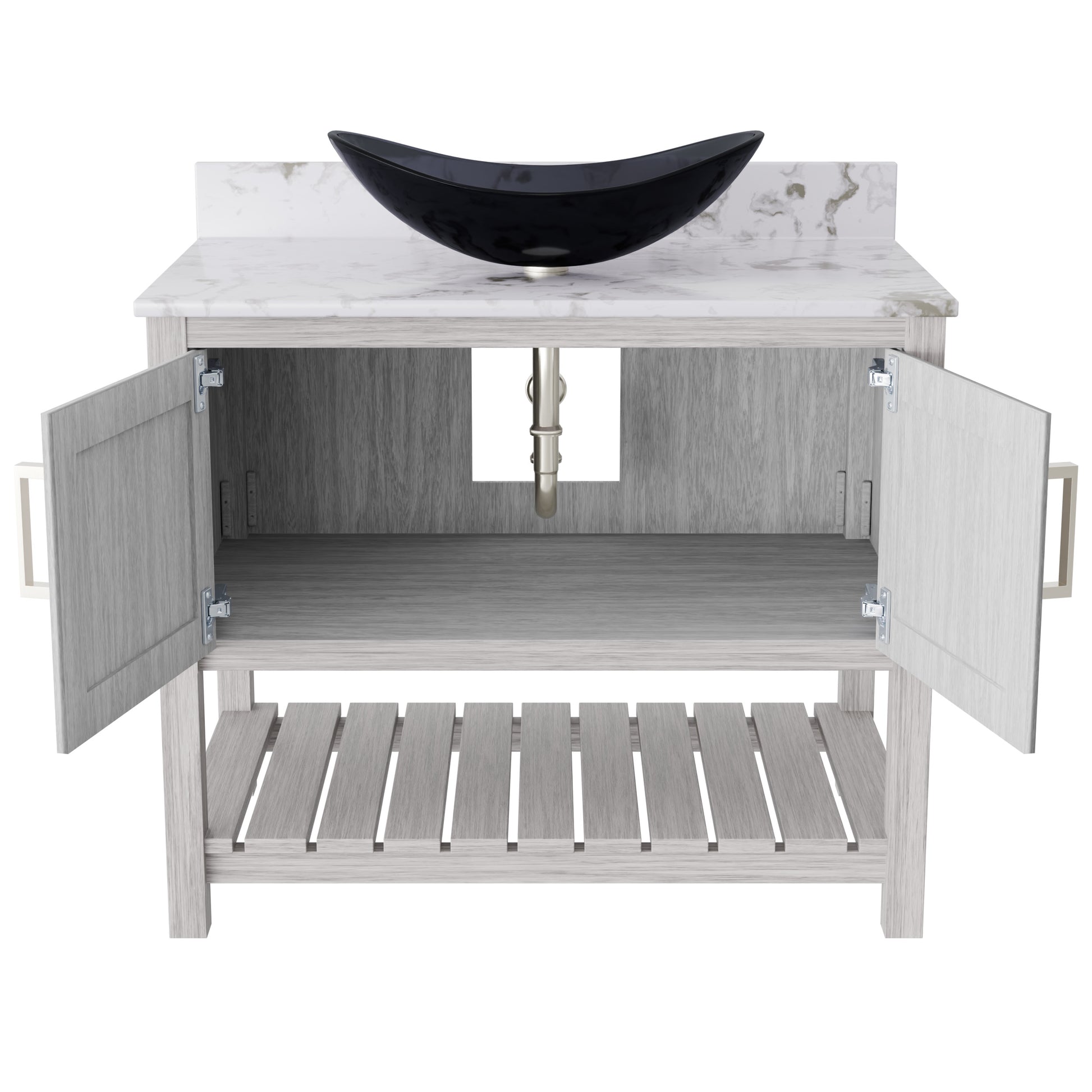 36-inch Novatto bath vanity with cafe mocha quartz counter and built-in sink, showcasing modern bathroom accessory design.