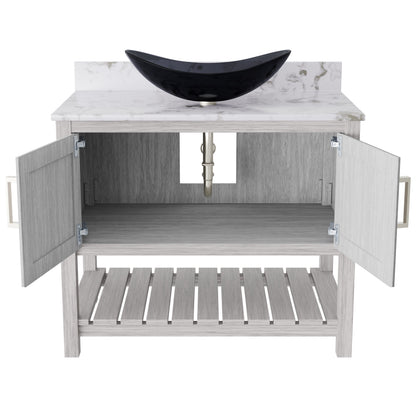 36-inch Novatto bath vanity with cafe mocha quartz counter and built-in sink, showcasing modern bathroom accessory design.