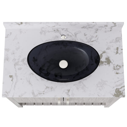 36-inch Novatto bath vanity with Cafe Mocha quartz countertop and integrated sink, featuring elegant accessory design.