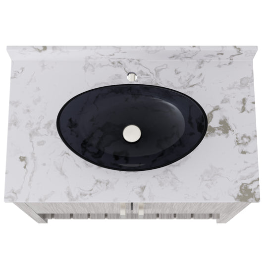 36-inch Novatto bath vanity with Cafe Mocha quartz countertop and integrated sink, featuring elegant accessory design.