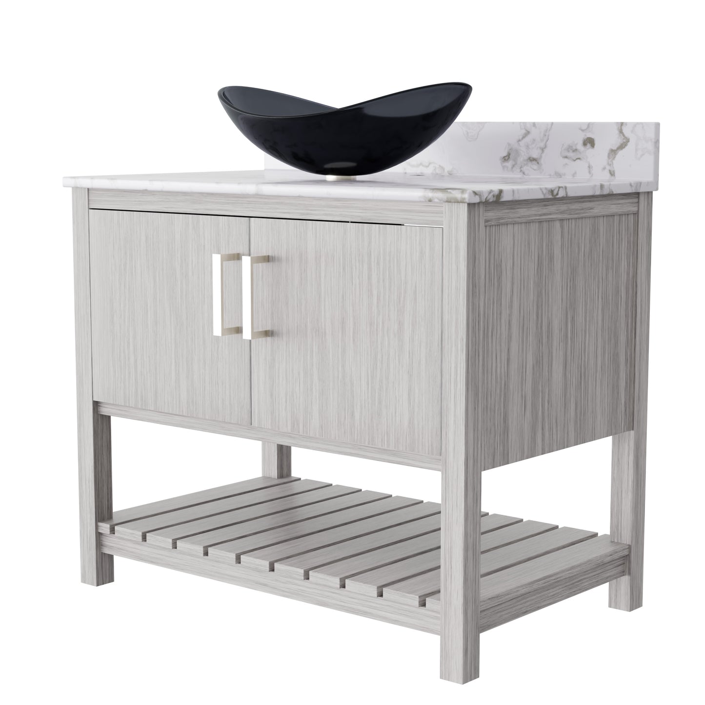 Novatto 36-inch bath vanity with cafe mocha quartz countertop and sink, showcasing a sleek bathroom accessory.