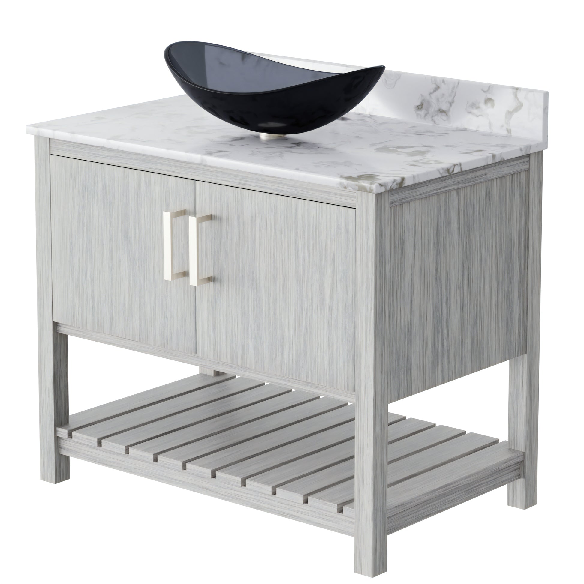 36-inch Novatto bath vanity with cafe mocha quartz countertop and integrated sink, featuring modern bathroom accessory design