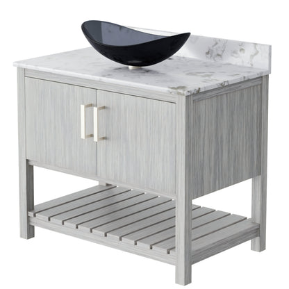 36-inch Novatto bath vanity with cafe mocha quartz countertop and integrated sink, featuring modern bathroom accessory design