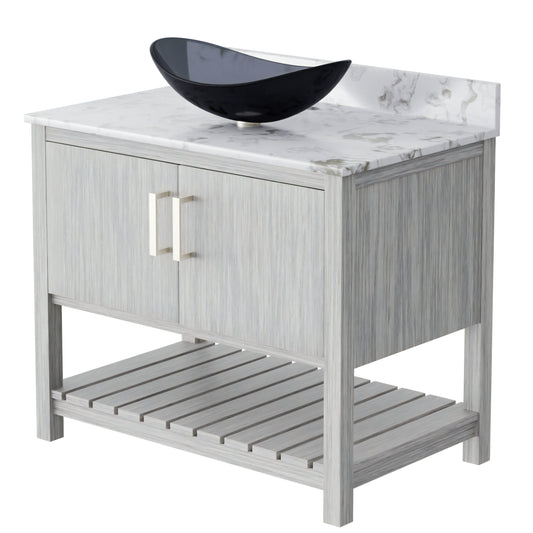 36-inch Novatto bath vanity with cafe mocha quartz countertop and integrated sink, featuring modern bathroom accessory design