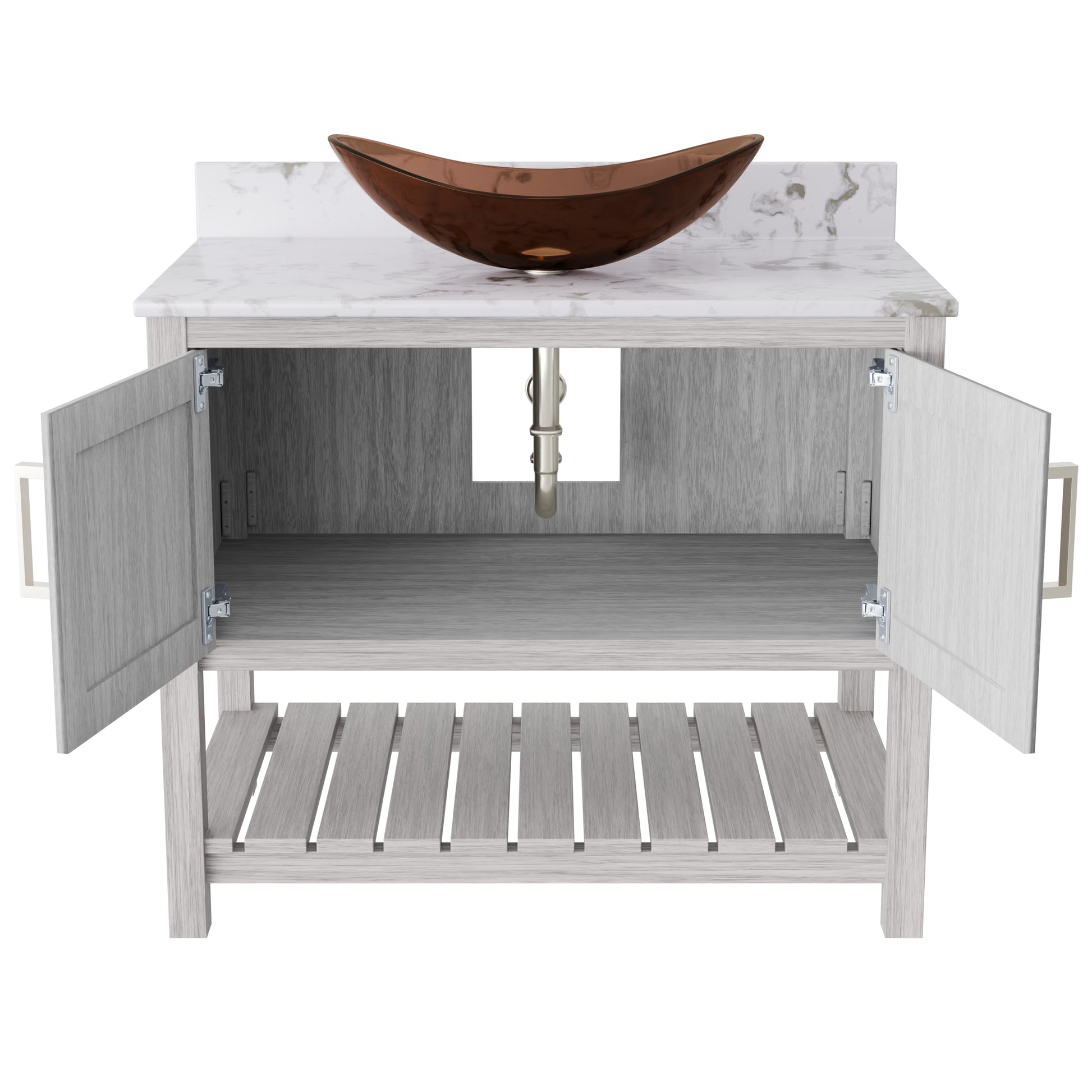36-inch Novatto bath vanity with cafe mocha quartz countertop and integrated sink, showcasing elegant bathroom accessory design