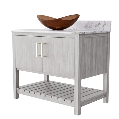 36-inch Novatto bath vanity with cafe mocha quartz countertop and sink, showcasing sleek bathroom accessory design.