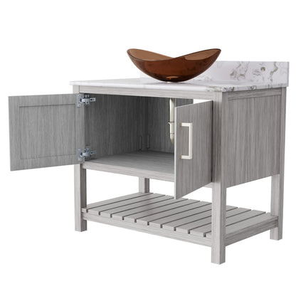 36-inch Novatto bath vanity with cafe mocha quartz counter and integrated sink, showcasing sleek bathroom accessory design.