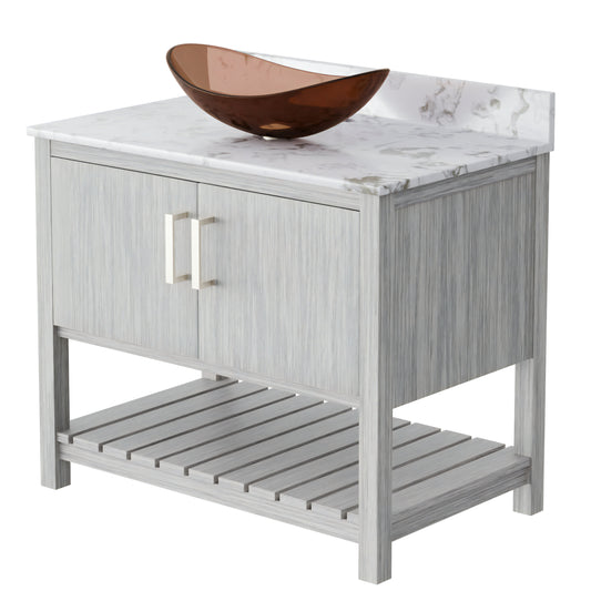Novatto 36-inch bath vanity with cafe mocha quartz countertop and integrated sink, modern bathroom accessory.
