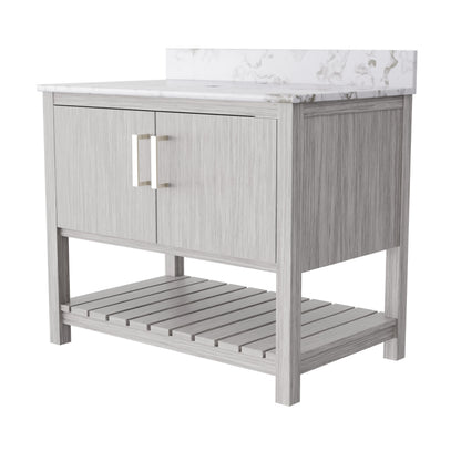 Novatto 36-inch vanity with cafe mocha quartz countertop, modern bathroom accessory with sleek design and durable surface.