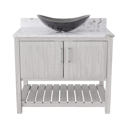 36-inch Novatto bath vanity with cafe mocha quartz countertop and integrated sink, showcasing modern bathroom accessory design