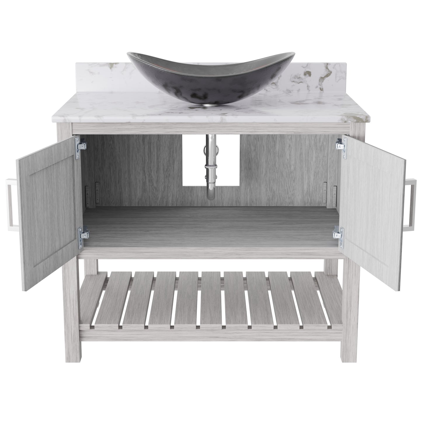 36-inch Novatto bath vanity with cafe mocha quartz countertop and integrated sink, showcasing sleek bathroom accessory design
