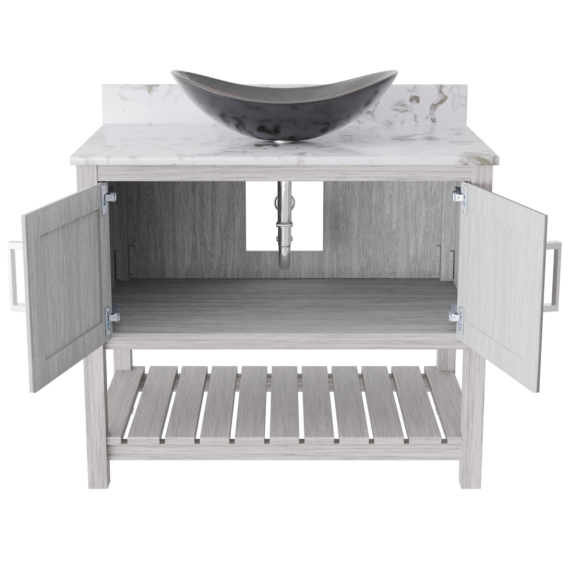 36-inch Novatto bath vanity with cafe mocha quartz countertop and integrated sink, showcasing sleek bathroom accessory design