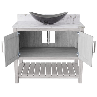 36-inch Novatto bath vanity with cafe mocha quartz countertop and integrated sink, showcasing sleek bathroom accessory design