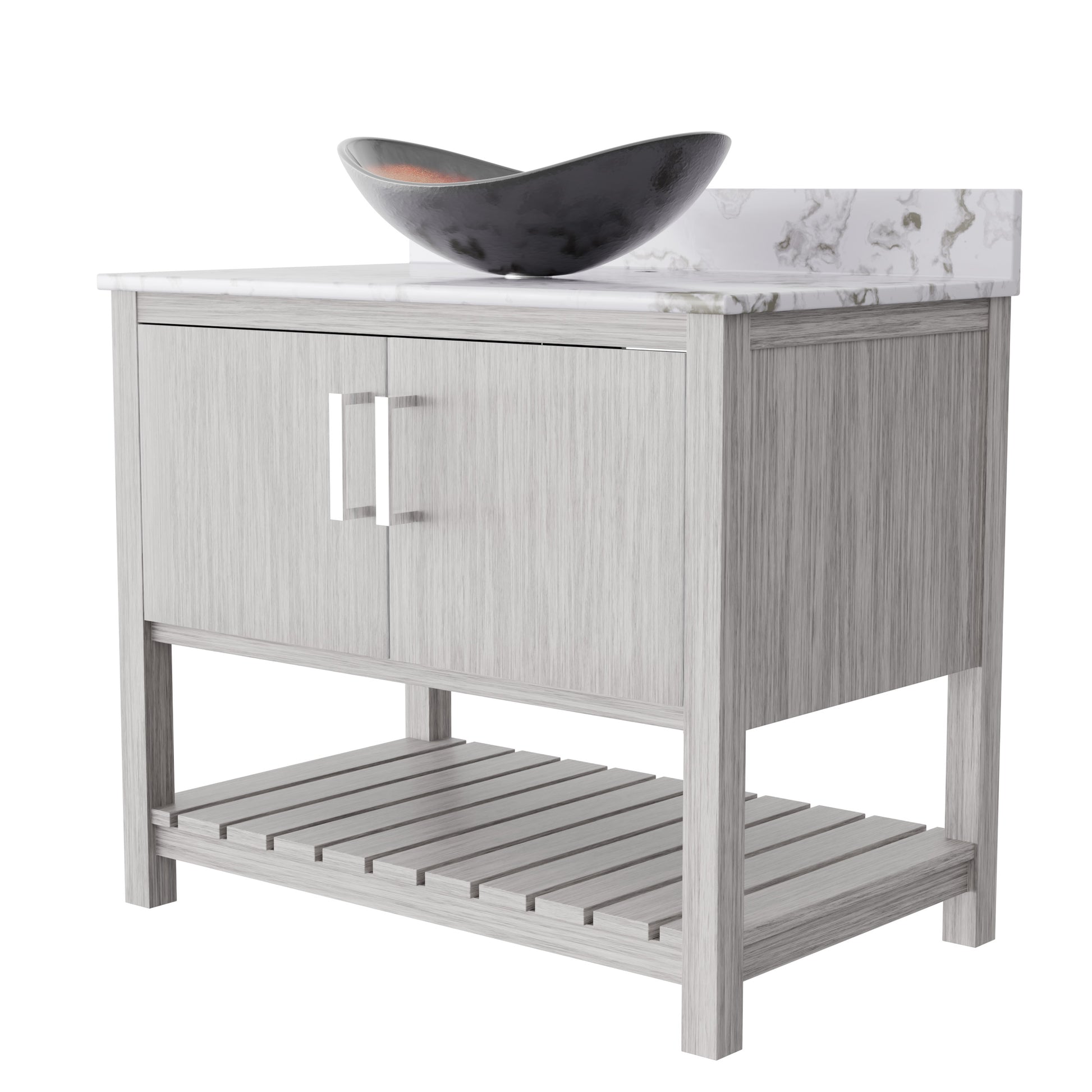 36-inch Novatto bath vanity with cafe mocha quartz countertop and integrated sink, shown in a sleek bathroom setup