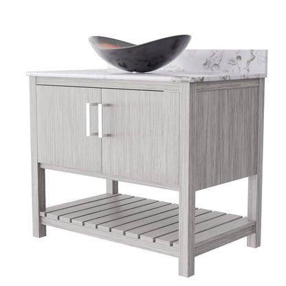 36-inch Novatto bath vanity with cafe mocha quartz countertop and integrated sink, shown in a sleek bathroom setup