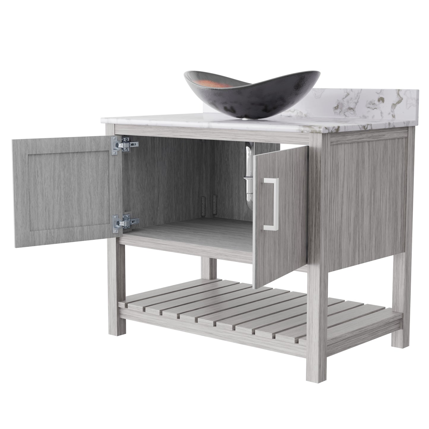 36-inch Novatto bath vanity with cafe mocha quartz countertop and integrated sink, modern bathroom accessory design